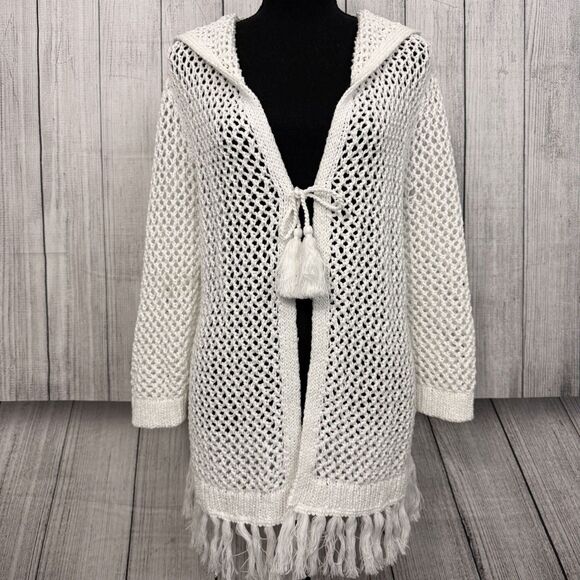 J.Jill Women's Medium White Crochet Hooded Cardigan Fringe Hem Layering Boho - Picture 2 of 10